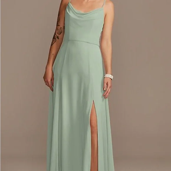 cowl neck chiffon bridesmaid dress with slit Burgundy Bridesmaid Dresses Spaghetti Straps Cowl Neck Sheath/Coulmn Ruched Floor Length Chiffon Bridesmaid Dress With Slit main image 0